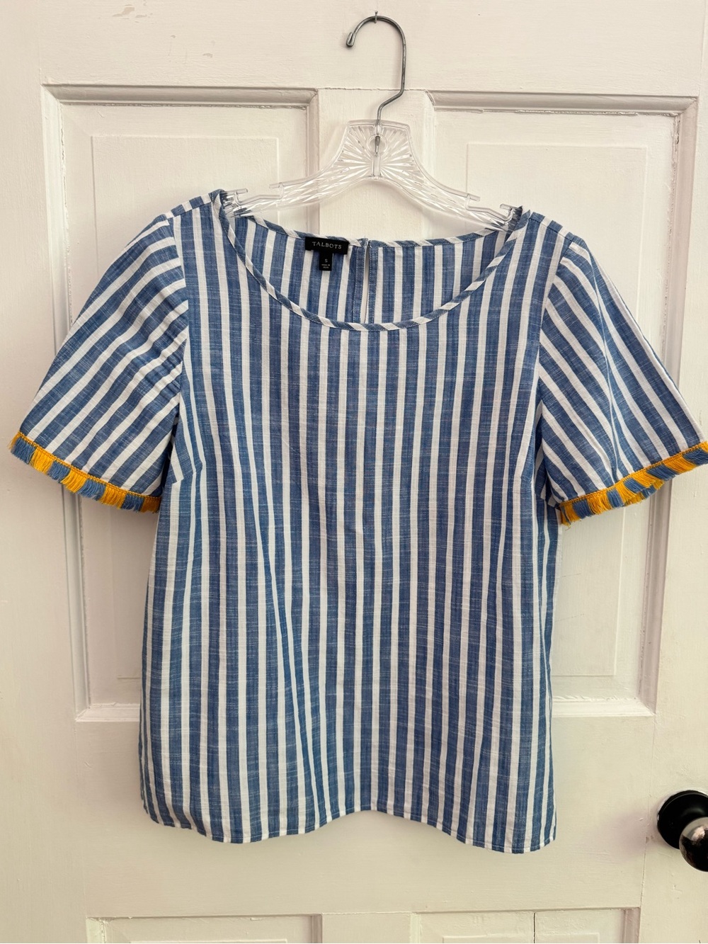Talbots Blue & White Striped Short Sleeve Cotton Top with Yellow & Blue Fringe